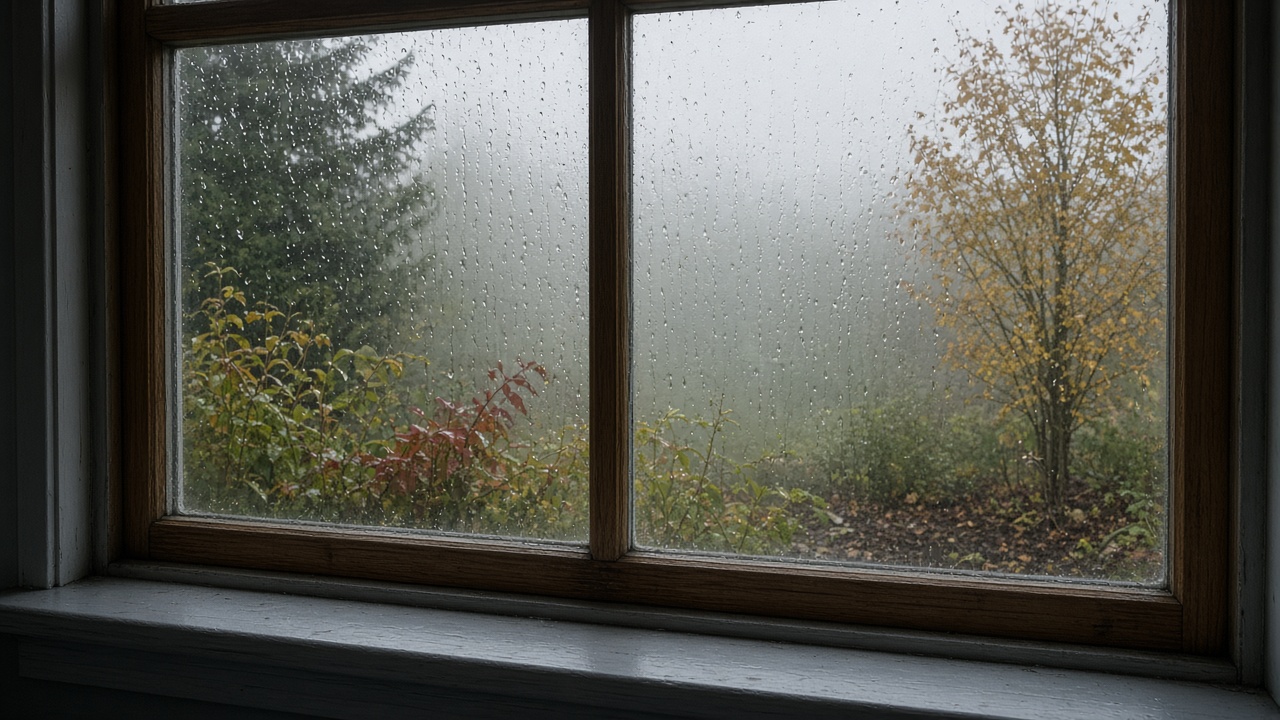 Fogged double-pane window on a rainy Metro Vancouver fall day showing failed seal energy loss
