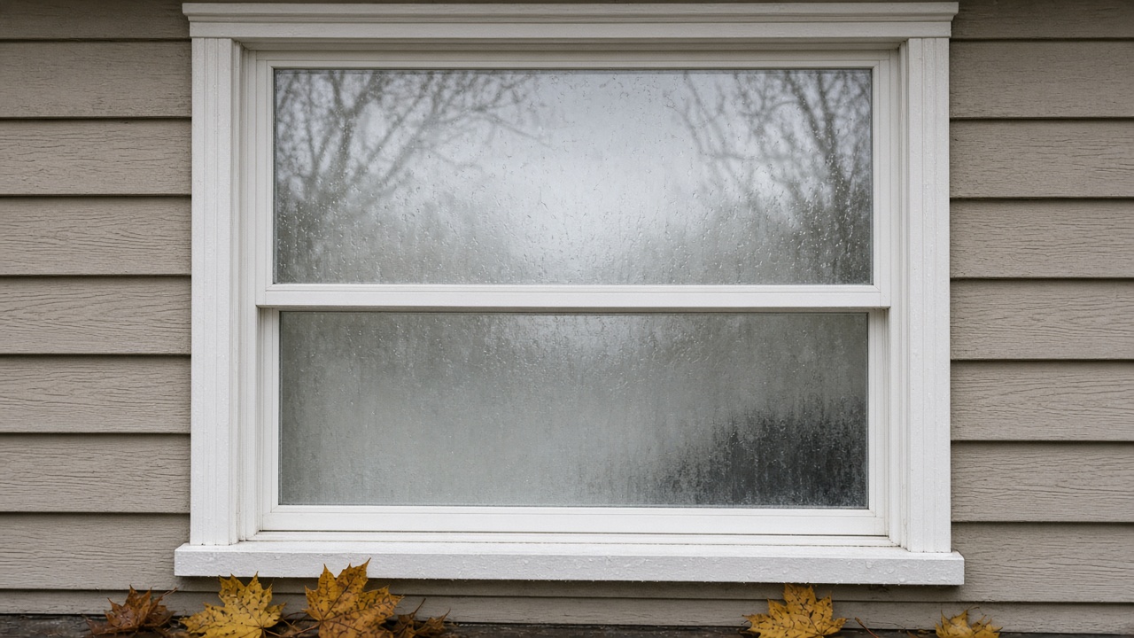 Fogged insulated window glass with moisture between panes on a Metro Vancouver home during wet fall weather