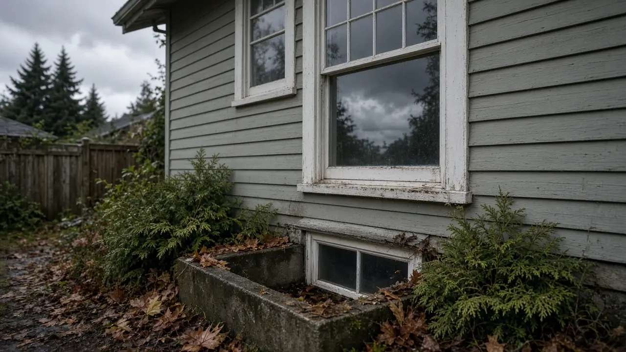 Wet basement window well and ground-floor windows on a grey Metro Vancouver house, with maple leaves and rain-dark siding on an overcast October day