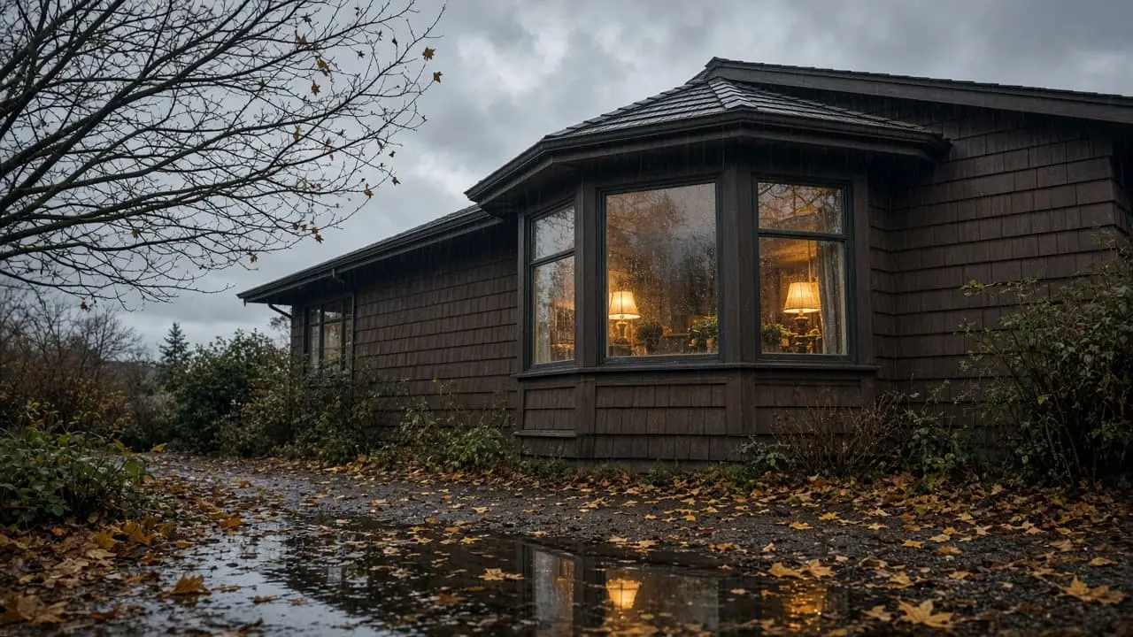 Rain-specked projecting bay window on a Metro Vancouver house in late October, with warm interior light and wet fallen leaves
