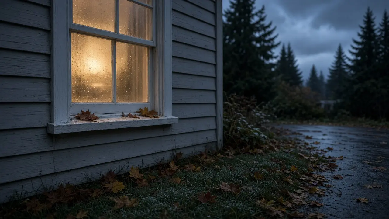 Dusk view of a rain-dark Metro Vancouver house window with warm interior light, moisture on the glass, wet maple leaves, and a light frost on the sill