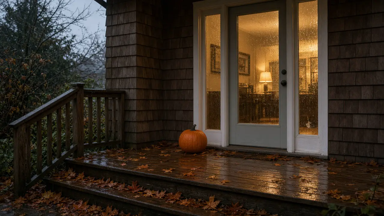 Wet late-October dusk on a Metro Vancouver front porch, with a glass door, sidelights, rain on the panes, and an uncarved pumpkin