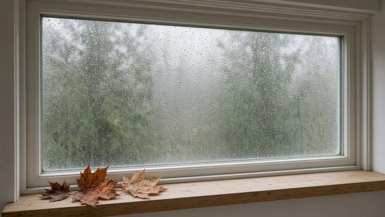 Frosted privacy window in a Metro Vancouver home on a rainy October day, with rain on the glass and wet maple leaves on the white sill