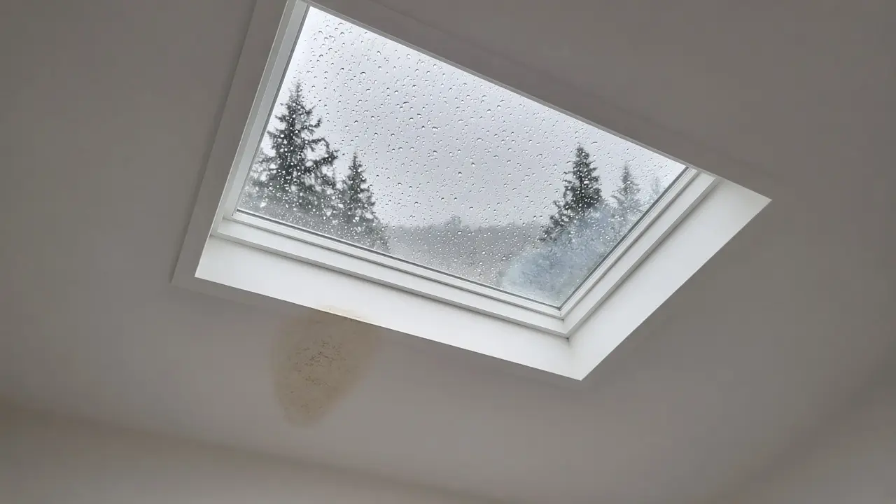 Rain on a fixed skylight in a white ceiling, with condensation along the lower glass and a water stain on the drywall under the curb