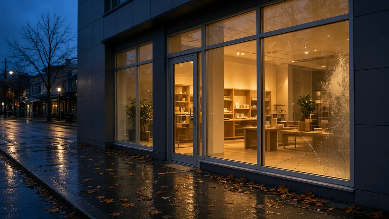 Wet late-October evening on a Metro Vancouver shopping street, with a cracked storefront pane, a glass door, and warm light inside