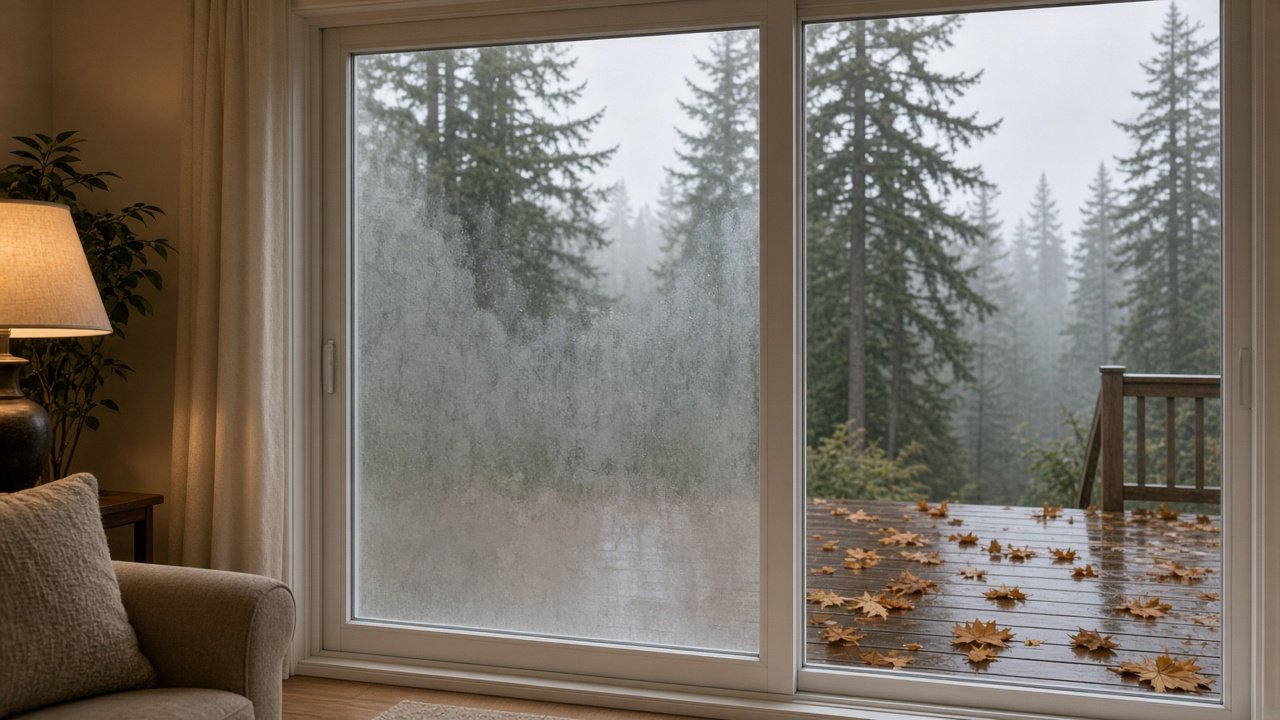 Foggy sliding patio door glass on a Metro Vancouver home during wet fall weather