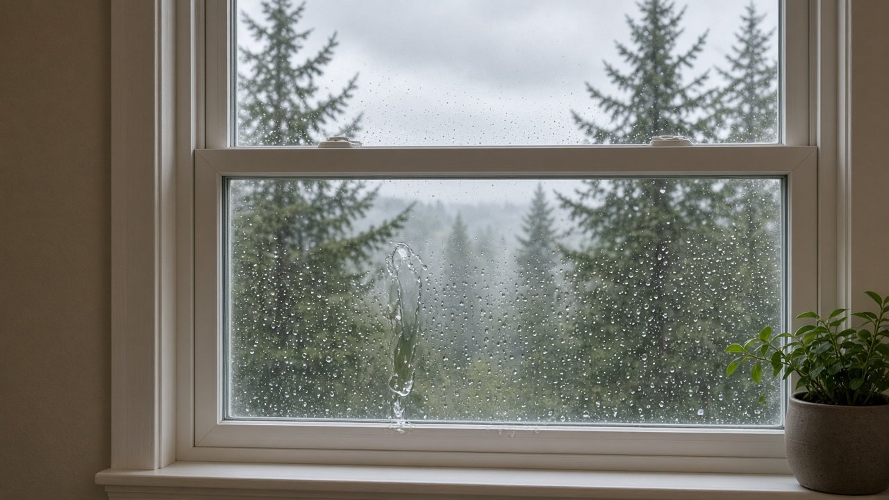 Room-side condensation on an interior residential window during wet Metro Vancouver fall weather