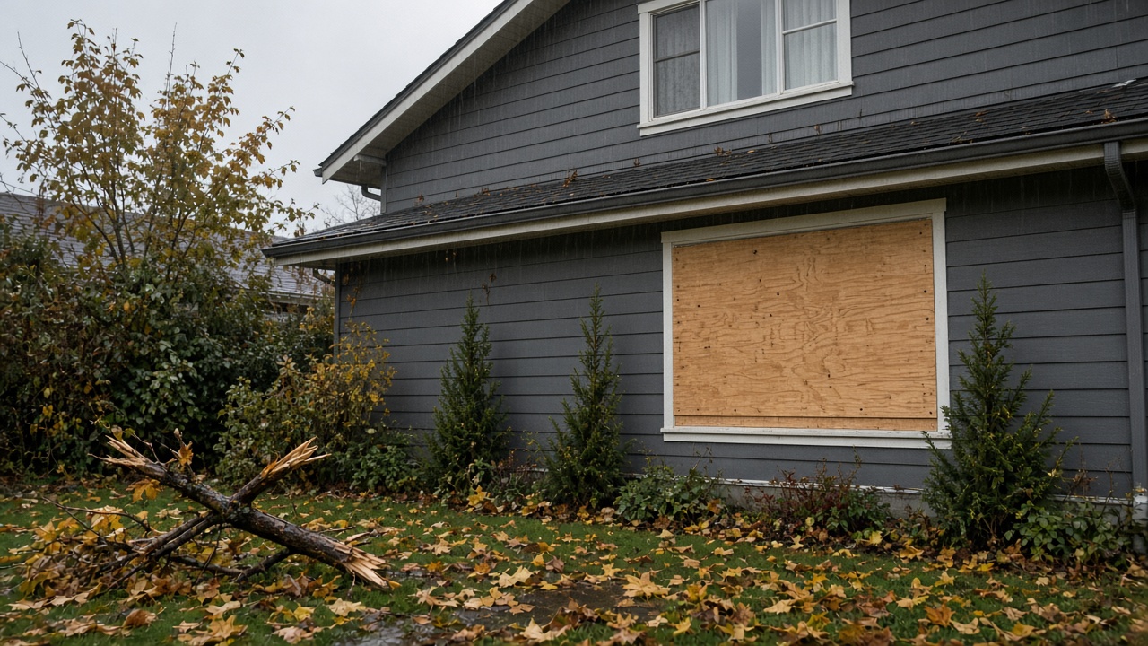 Residential window boarded with clean plywood on a Metro Vancouver home after fall storm weather