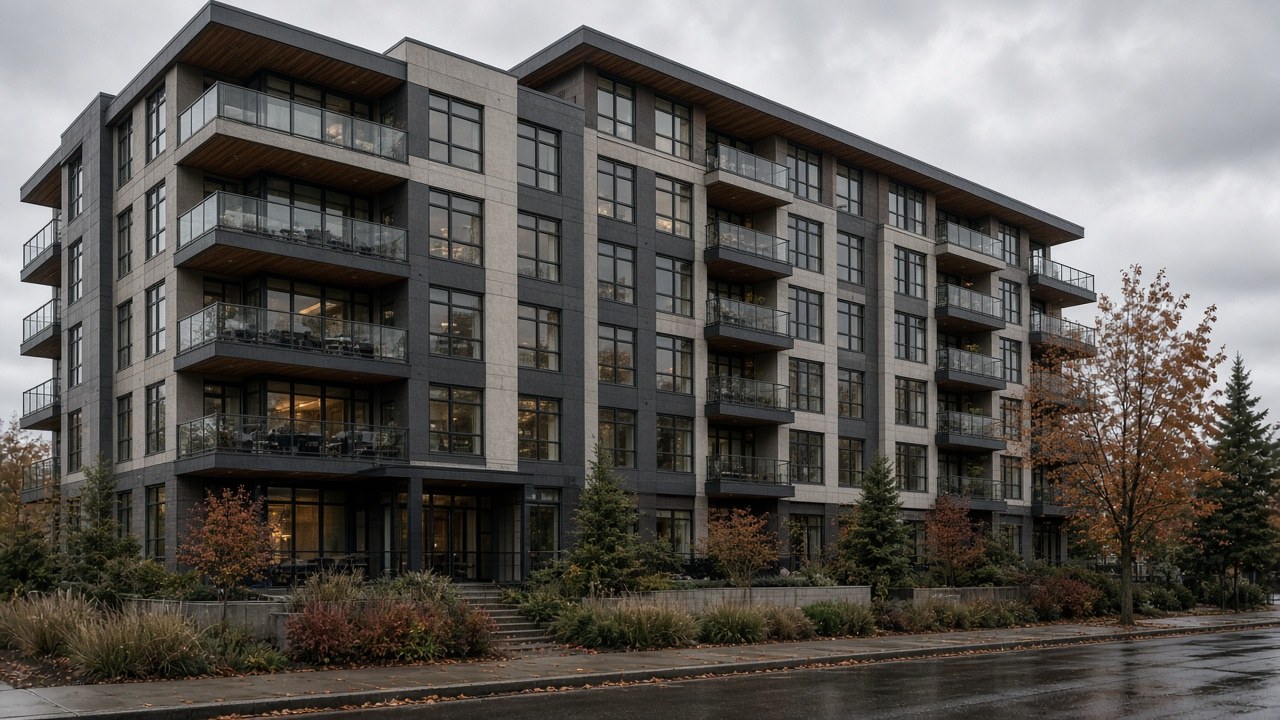 Strata multi-unit building windows on a wet Metro Vancouver fall day for winter glass readiness