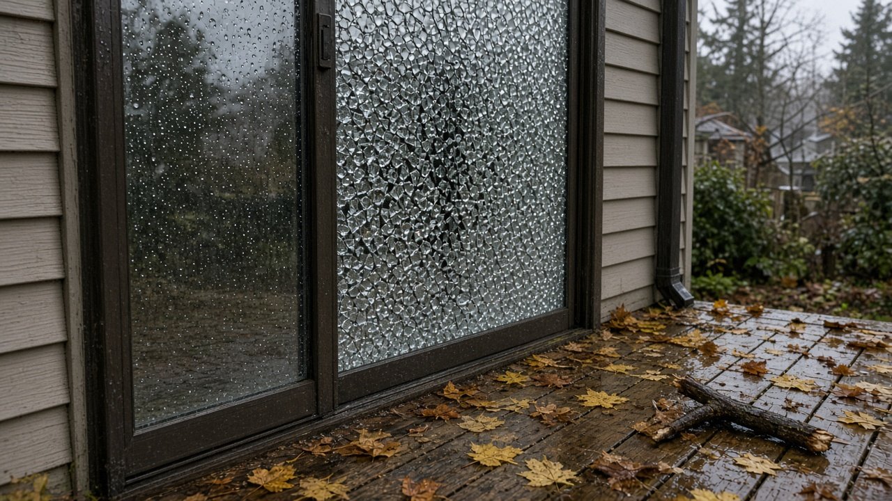 Tempered glass with pebble-style shatter pattern on a Metro Vancouver home after fall storm impact